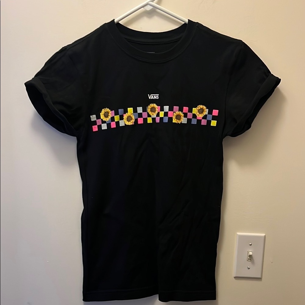 Vintage retro Vans Black T-Shirt with Sunflowers size XS